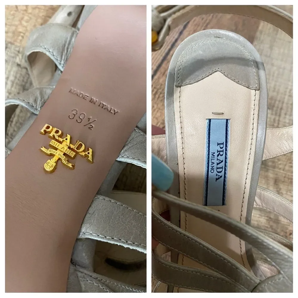 Prada Sandals Beige Gray Leather T-Strap Platform Heel Size 39.5 / US 9